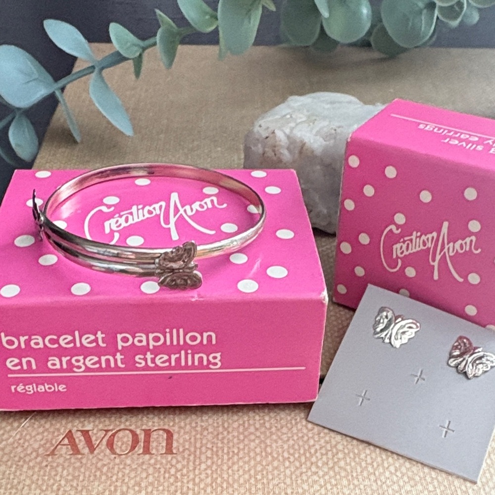 Vintage 90s Avon Butterfly Sterling Silver Stud Earrings & Bracelet Set NIB 270